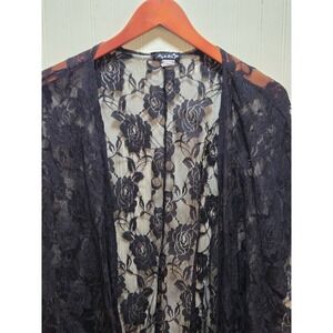 Fig & Blu Blouse Womens Black Lace Kimono Open Front‎ Sheer Floral Top